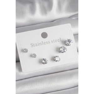 BFS 316L Çelik Gümüş Renk Zirkon Taşlı Kalp Model Kadın Küpe Seti