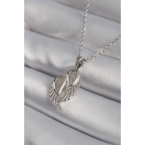 BFS 316L Çelik Gümüş Renk Zirkon Taşlı Kanat Model Kadın Kolye