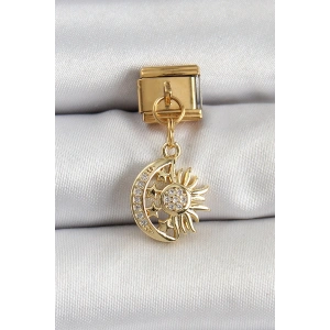 BFS 316L Çelik Sallantılı Zirkon Taşlı Ay Ve Güneş Model Gold Renk Nomination Charm