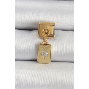 BFS 316L Çelik Sallantılı Zirkon Taşlı Kutup Yıldızı Figürlü Dikdörtgen Model Gold Renk Nomination Charm