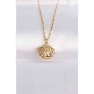 BFS 316L Çelik Zincir Altın Renk Zirkon Taşlı İnci Detay İstiridye Kolye