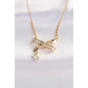 BFS 316L Çelik Zincir Altın Renk Zirkon Taşlı Kalp Detay Fiyonk Kolye