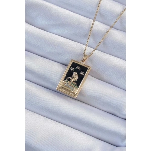 BFS 316L Çelik Zincir Altın Renk Zirkon Taşlı Siyah Mineli Kız Figürlü Tarot Kolye