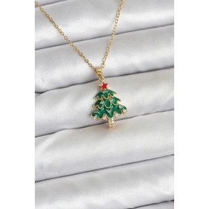 BFS 316L Çelik Zincir Gold Renk Çam Ağacı Model Yılbaşı Temalı Kadın Kolye