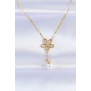 BFS 316L Çelik Zincir Gold Renk İnci Detay Çiçek Kolye