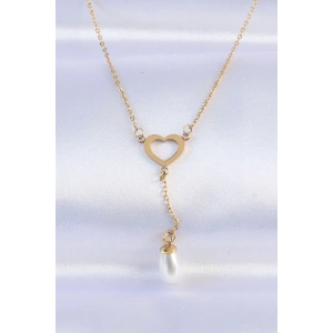 BFS 316L Çelik Zincir Gold Renk İnci Taş Detay Kalp Kolye