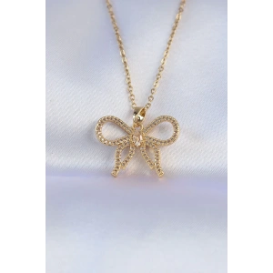 BFS 316L Çelik Zincir Gold Renk Zirkon Taşlı Fiyonk Kolye