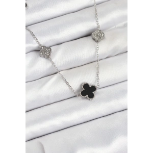 BFS 316L Çelik Zincir Gümüş Renk Siyah ve Zirkon Taşlı Yonca Kadın Kolye