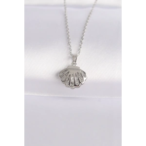 BFS 316L Çelik Zincir Gümüş Renk Zirkon Taşlı İnci Detay İstiridye Kolye