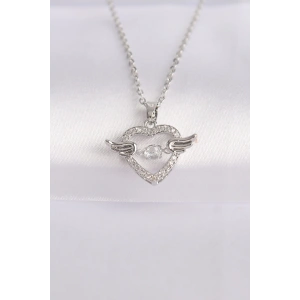 BFS 316L Çelik Zincir Gümüş Renk Zirkon Taşlı Kanatlı Kalp Kolye