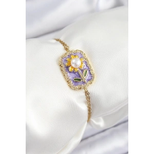 BFS 316L Çelik Zincir Mor Mineli Sanatsal Portre İnci Detaylı Papatya Model Gold Renk Kadın Bileklik