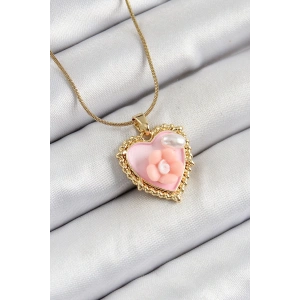 BFS 316L Çelik Zincir Pembe Sanatsal Portre İnci Detaylı Papatya Figürlü Kalp Model Gold Renk Kadın Kolye