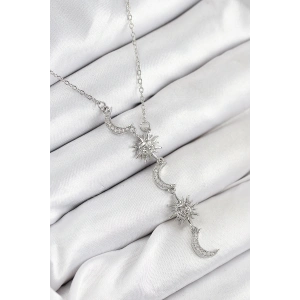 BFS 316L Çelik Zirkon Taşlı Güneş Ve Ay Model Gümüş Renk Kadın Kolye