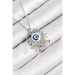 BFS 316L Çelik Zirkon Taşlı Nazar Model Gümüş Renk Kadın Kolye