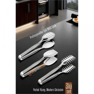 BFS 3’lü İnox Çelik Mutfak Maşa Seti - Makarna Pasta Salata Çok Amaçlı Maşa 3 lü SET