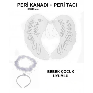 BFS Beyaz Dantel Tüllü Peri Kanadı ve Peri Tacı Seti 45x40 cm