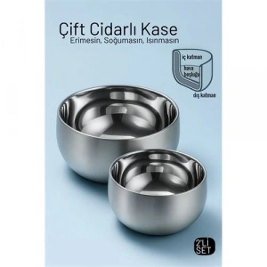 BFS Çift Cidarlı Isı Yalıtımlı 2’li Lüks Kase Seti (16cm & 18cm) Premium 304 Paslanmaz Çelik