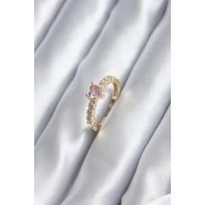 BFS Gold Renk Zirkon Taşlı Pembe Kristal Kalp Model Kadın Yüzük