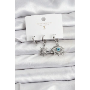 BFS Göz Model Gümüş Renk Pirinç 3lü Kadın Küpe Seti