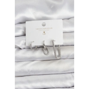 BFS Gümüş Renk Zirkon Taşlı 3lü Kadın Küpe Seti