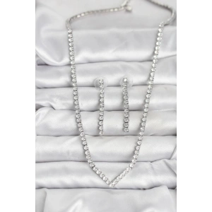 BFS Gümüş Renk Zirkon Taşlı Kadın Kolye Küpe Seti