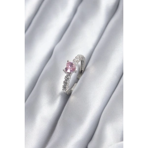 BFS Gümüş Renk Zirkon Taşlı Pembe Kristal Kalp Model Kadın Yüzük