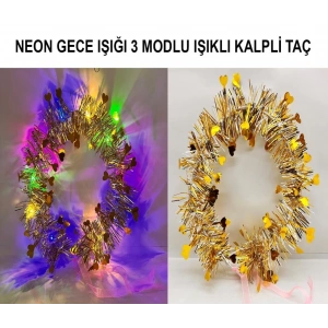 BFS   Kalp Püsküllü Gece Parıltısı 3 Modlu LED&#39;li Işıklı Taç Altın Renk