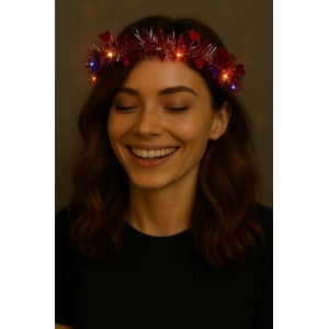 BFS   Kalp Püsküllü Gece Parıltısı 3 Modlu LED&#39;li Işıklı Taç Kırmızı Renk