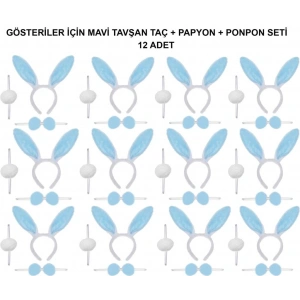 BFS   Mavi Tavşan Kostüm Seti – Taç, Papyon, Ponpon (12’li Paket)