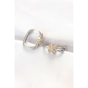 BFS Pirinç Çift Renk Taşlı X Tasarımlı Dikdörtgen Küpe