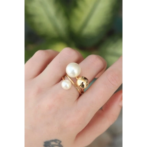 BFS Pirinç Gold Renk Ayarlanabilir İnci Taşlı Yüzük