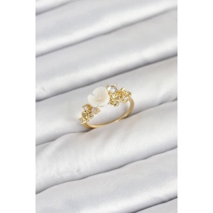 BFS Pirinç Gold Renk Çiçek Model Zirkon Taşlı Kadın Yüzük