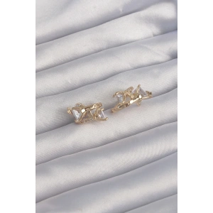 BFS Pirinç Gold Renk İri Zirkon Taşlı Kıvrımlı Minimal Kelebekli Halka Küpe