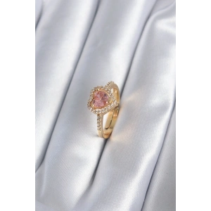BFS Pirinç Gold Renk Pembe Zirkon Taş Kalp Charm Model Kadın Yüzük