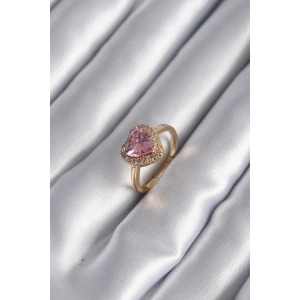 BFS Pirinç Gold Renk Pembe Zirkon Taş Kalp Charm Model Kadın Yüzük