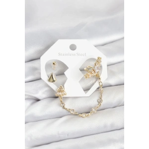 BFS Pirinç Gold Renk Yıldızlı Model Zincir Bağlantılı Ear Cuff Küpe Seti
