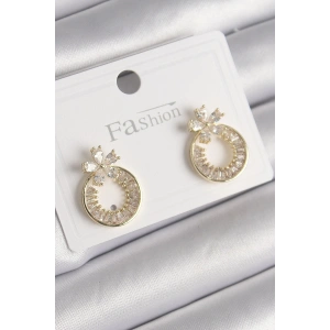BFS Pirinç Gold Renk Zirkon Taşlı Halka Model Çiçek Figür Kadın Küpe
