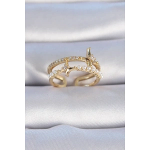 BFS Pirinç Gold Renk Zirkon Taşlı İnci Detay Kutup Yıldızı Model Kadın Yüzük