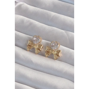 BFS Pirinç Gold Renk Zirkon Taşlı Kalp Model Fiyonk Küpe