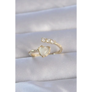 BFS Pirinç Gold Renk Zirkon Taşlı Sedefli Kalp Model Ayarlanabilir Yüzük