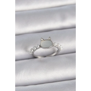 BFS Pirinç Gümüş Renk Ayarlanabilir Beyaz Mineli Kedi Model İnci Detay Kadın Yüzük