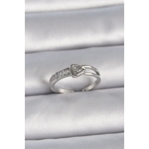 BFS Pirinç Gümüş Renk Ayarlanabilir Zirkon Taşlı Düğüm Kalp Model Kadın Yüzük