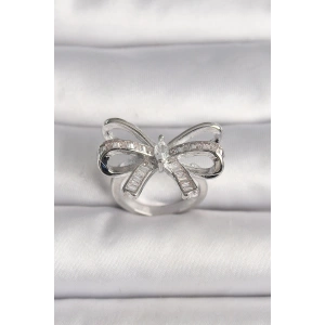 BFS Pirinç Gümüş Renk Ayarlanabilir Zirkon Taşlı Kurdele Model Kadın Yüzük