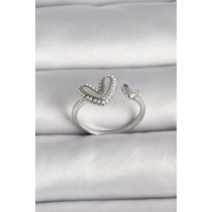 BFS Pirinç Gümüş Renk Beyaz Mineli İnci Detaylı Kalp Model Ayarlanabilir Yüzük