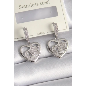 BFS Pirinç Gümüş Renk Kalp Model Zirkon Taşlı Ay Yıldız İşlemeli Kadın Küpe