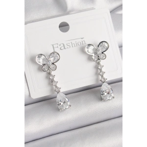 BFS Pirinç Gümüş Renk Kelebek Model Sallantı Damla Zirkon Taşlı Kadın Küpe