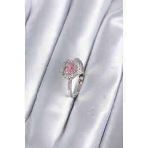 BFS Pirinç Gümüş Renk Pembe Zirkon Taş Kalp Charm Model Kadın Yüzük