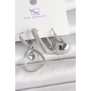 BFS Pirinç Gümüş Renk Sallantı Zirkon Taşlı Kalp Model 3Lü Kadın Kombin Küpe