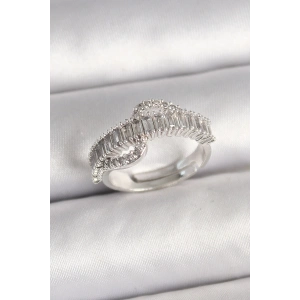 BFS Pirinç Gümüş Renk Su Yolu Zirkon Taşlı Ayarlanabilir Model Kadın Yüzük