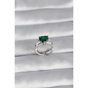 BFS Pirinç Gümüş Renk Yeşil Zirkon Taşlı Tek Taş Model Kadın Yüzük